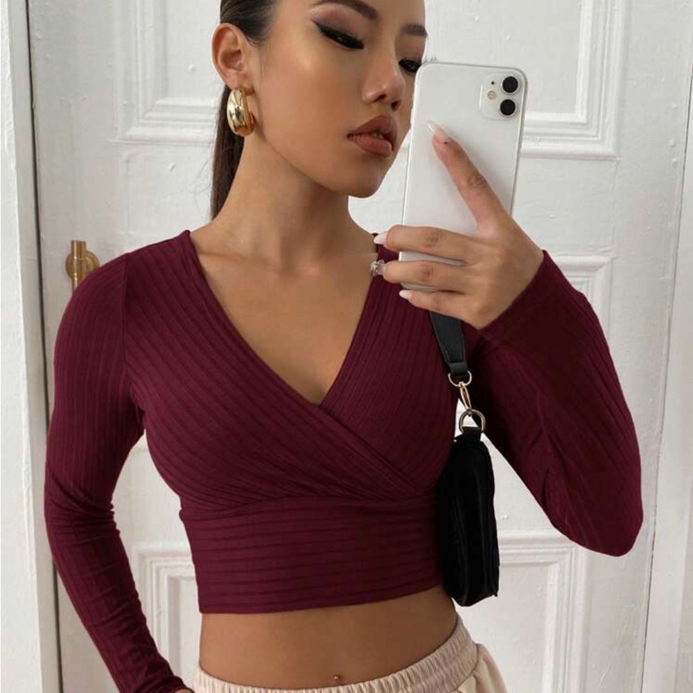 Women's Burgundy Ribbed Wrap Top